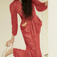 Red Traditional Hollow Long Sleeve V-Neck Dress
