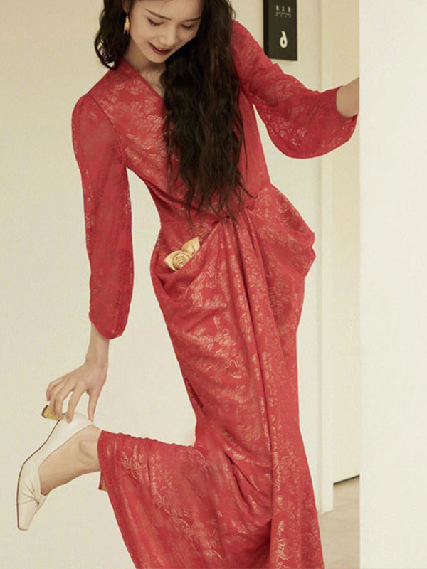 Red Traditional Hollow Long Sleeve V-Neck Dress