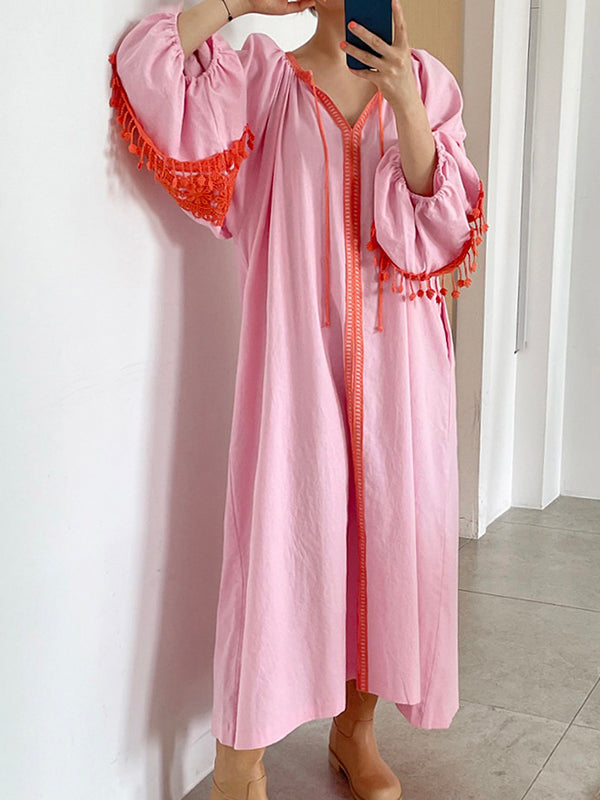 Retro V-Neck Contrasting Trim Stitching Lace Tassel Dress