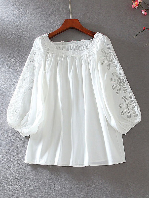 Embroidered Hollow Ruffle Loose Balloon Sleeve Shirt Blouse