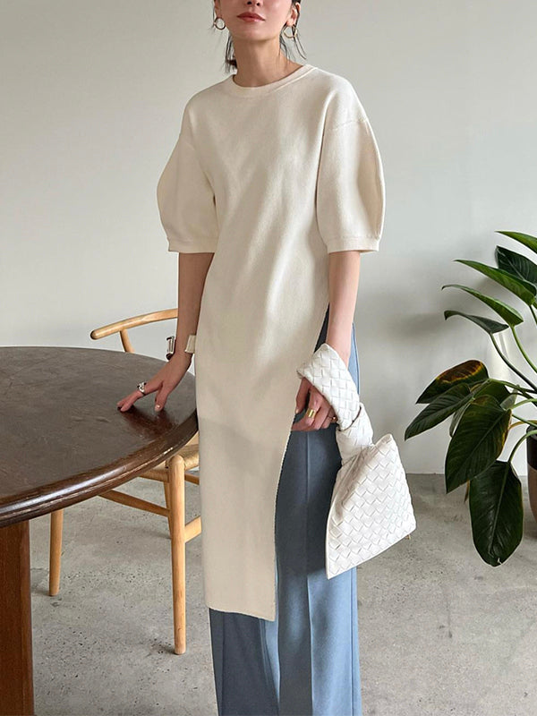 Spring Fashion Loose Solid Color Round Neck Slit Top