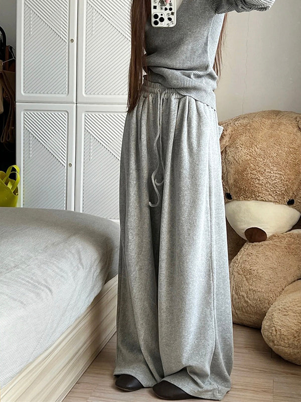 Contrasting Color Stitching Knitted Top&Casual Plush Straight Wide-leg Pants Two-piece Set