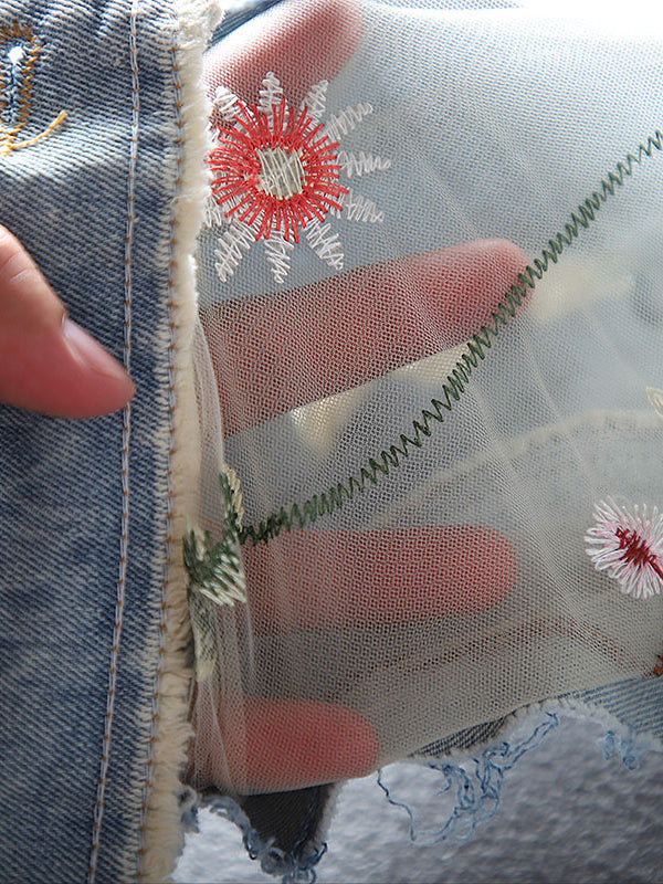 Retro Loose Hollow Hole Embroidered Denim Jacket