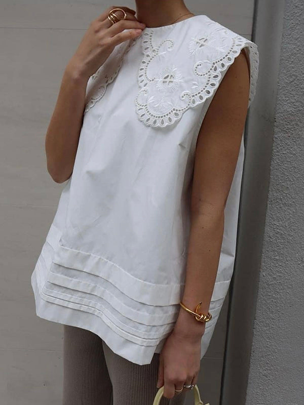 Embroidered Hollow Lace Large Lapel Cotton Sleeveless Shirt