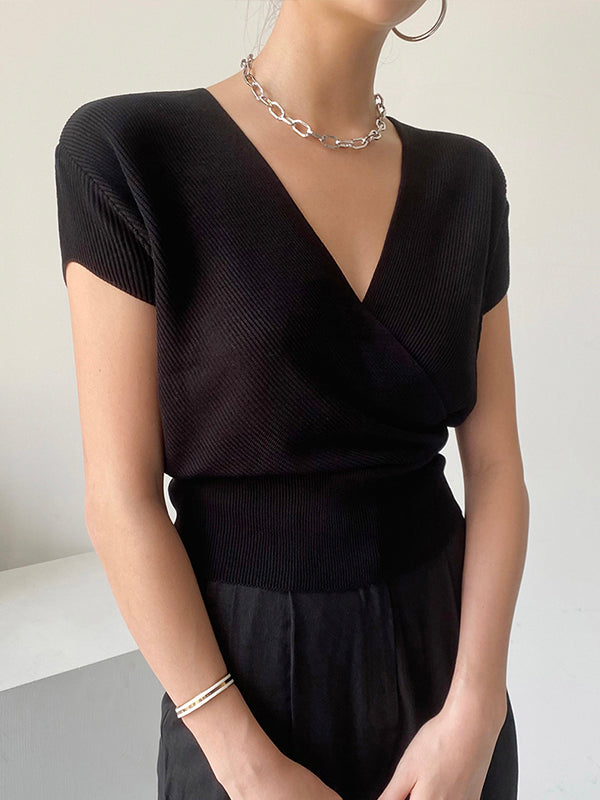 Simple Cotton V-neck Knitted Half-sleeved Top