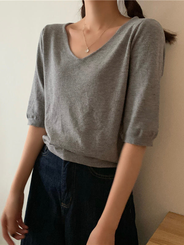 Fashion Loose Solid Color V-neck Half Sleeve Sweater Top
