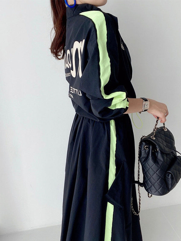 Personalized Print Color Contrast Short Coat + High Waist Pocket Large Swing Skirt Suit