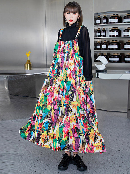Vintage Loose Colorful Printed Vest Dress Midi Dress