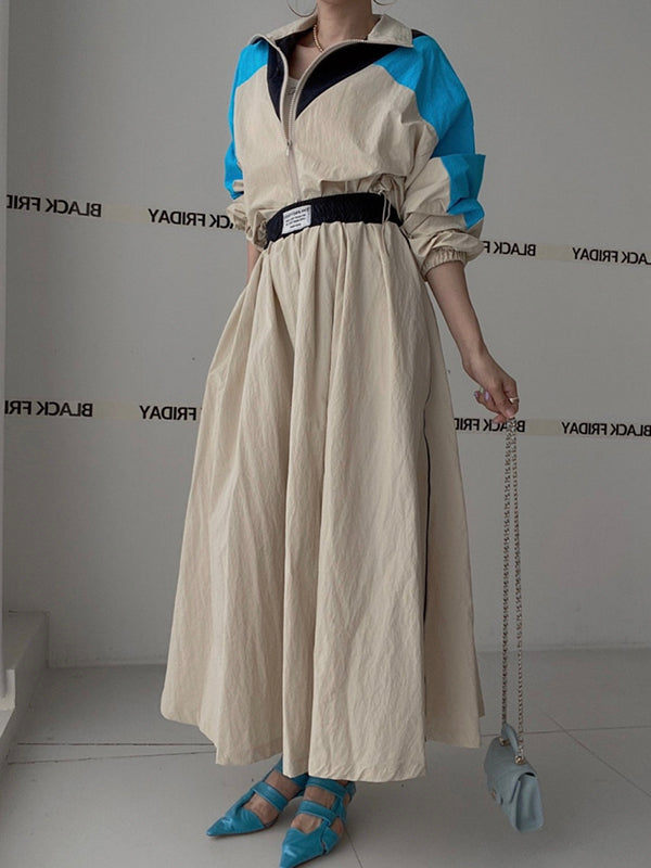 Stand Collar Color Contrast Stitching Patch Short Coat + High Waist Long Skirt Suit