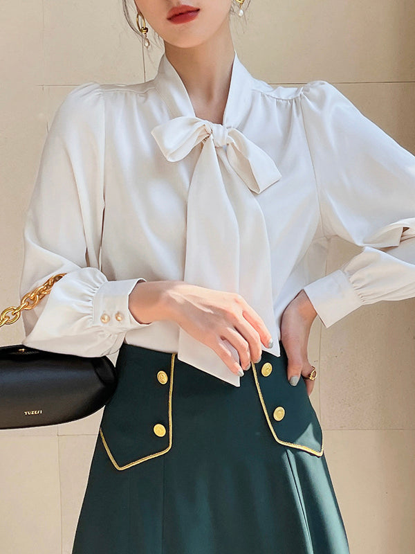 Bow Ribbon Long Sleeve Satin Shirt Top
