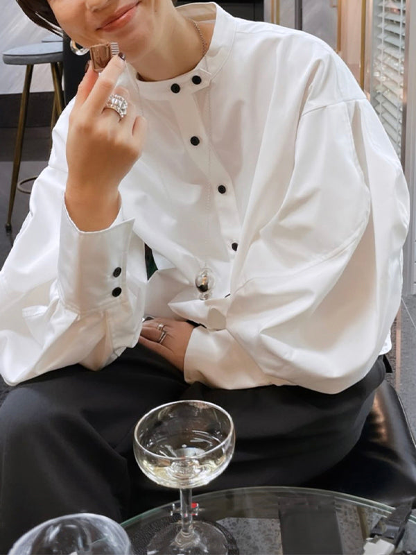 Balloon Sleeve Stand Collar Shirt Top