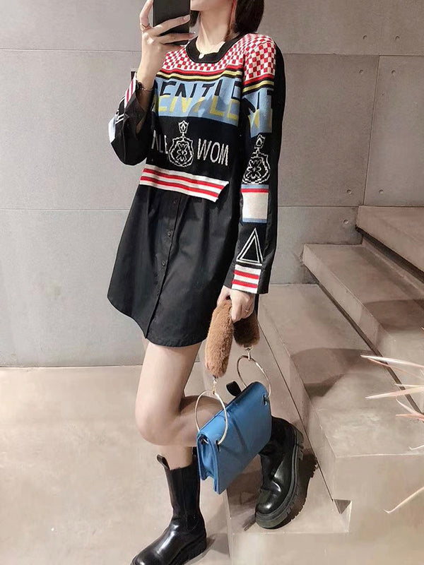 Fashion Loose Knit Stitching Contrast Color False Two-piece Set