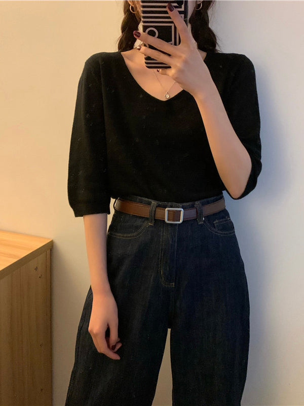 Fashion Loose Solid Color V-neck Half Sleeve Sweater Top