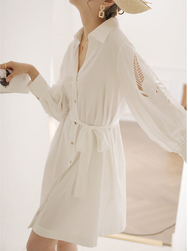 White Urban Tie Puff Sleeve V-Neck Shirt Dress