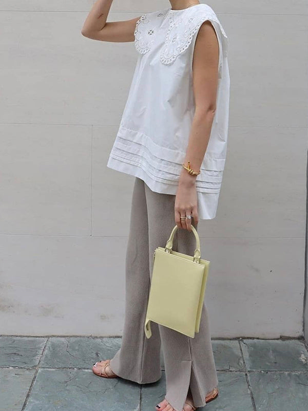 Embroidered Hollow Lace Large Lapel Cotton Sleeveless Shirt