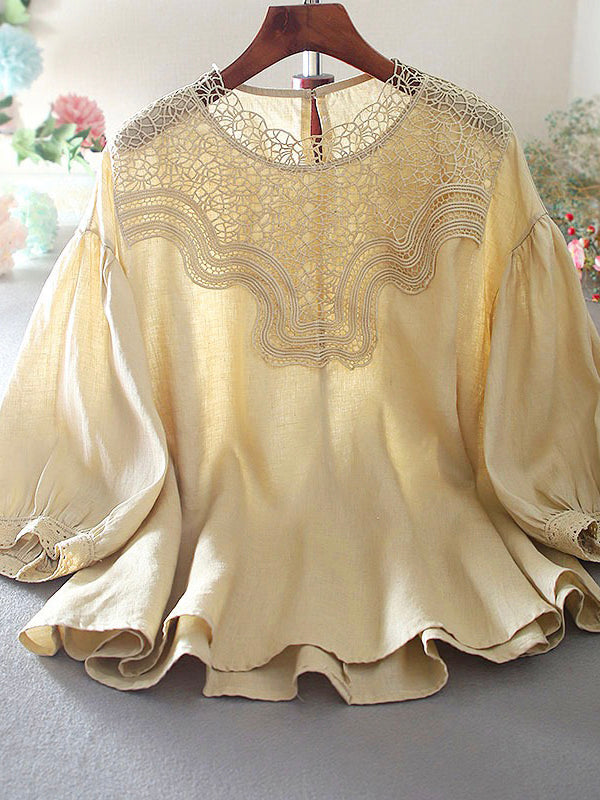 Oversized Vintage Balloon Sleeve Cotton Linen Ruffle Shirt Blouse