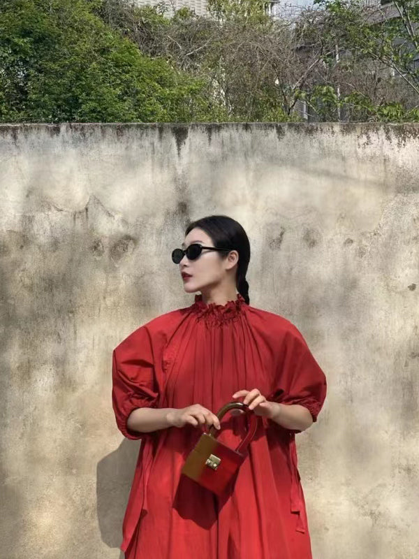 Vacation Loose Long Sleeve Red Dress