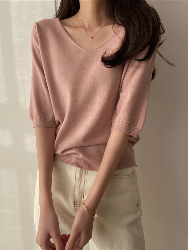 Fashion Loose Solid Color V-neck Half Sleeve Sweater Top