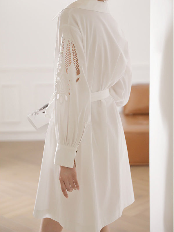 White Urban Tie Puff Sleeve V-Neck Shirt Dress