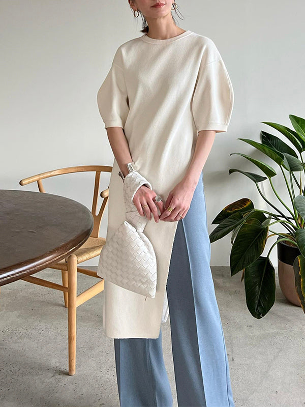 Spring Fashion Loose Solid Color Round Neck Slit Top