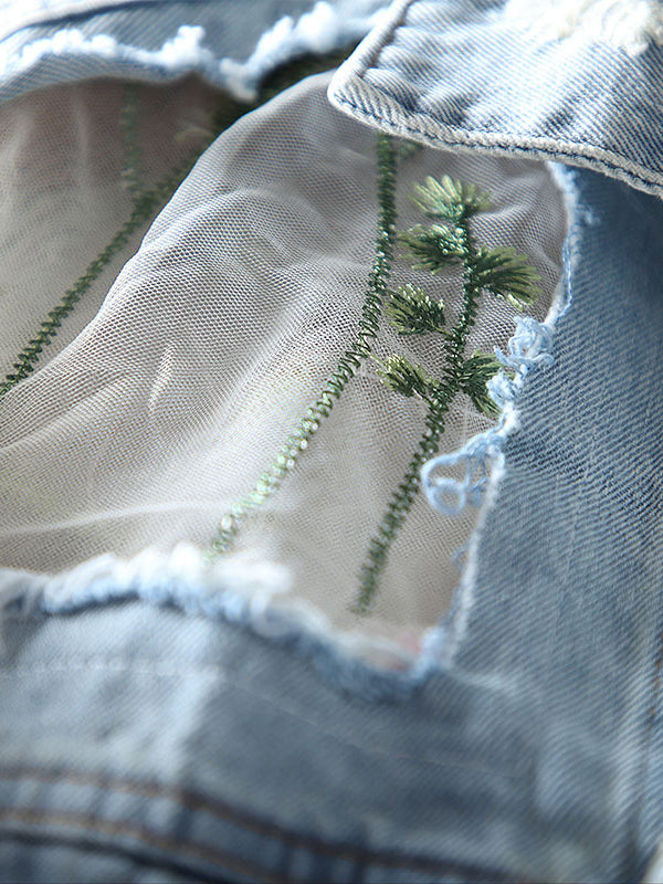 Retro Loose Hollow Hole Embroidered Denim Jacket