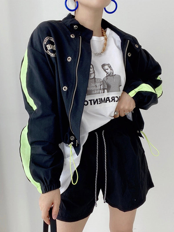 Personalized Print Color Contrast Short Coat + High Waist Pocket Large Swing Skirt Suit