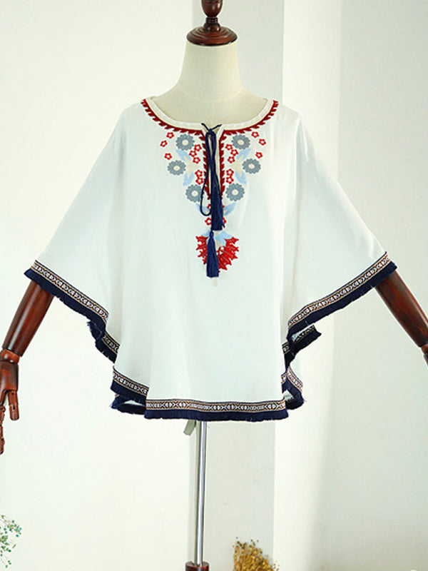 Loose Cape Dolman Sleeve Vintage Embroidered Floral Shirt Top