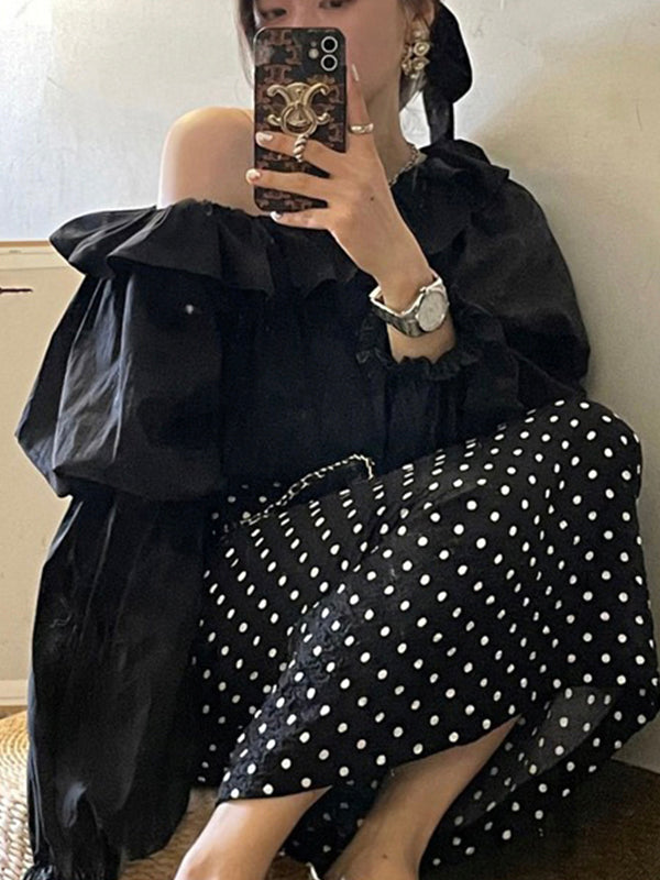 Fashion Slanted Shoulder Design Puff Sleeve Top