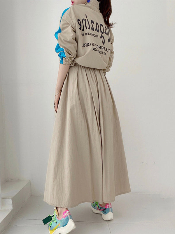 Personalized Print Color Contrast Short Coat + High Waist Pocket Large Swing Skirt Suit