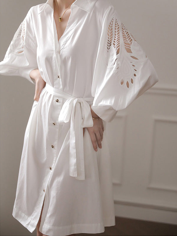 White Urban Tie Puff Sleeve V-Neck Shirt Dress