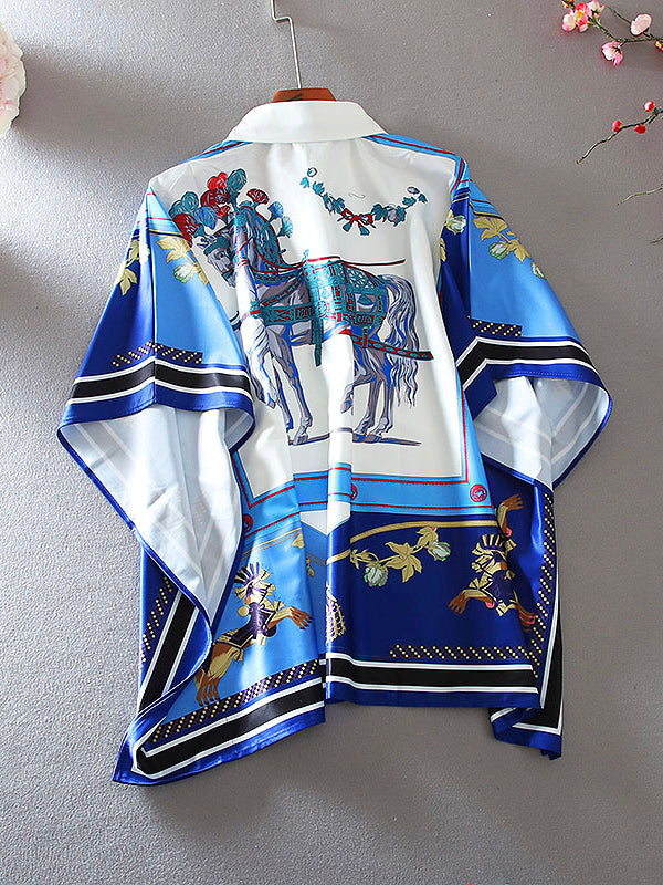 Loose Oversized Dolman Sleeve Ruffle Print Shirt Top