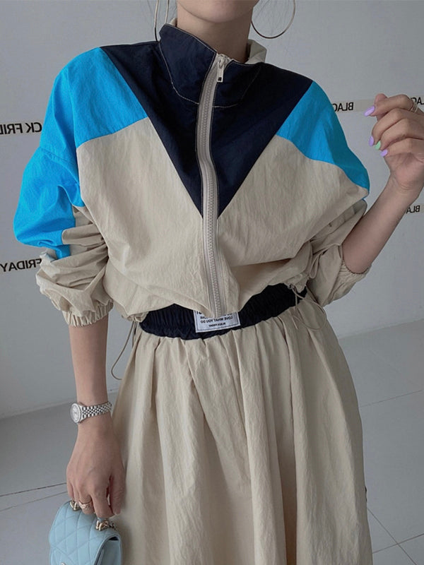Stand Collar Color Contrast Stitching Patch Short Coat + High Waist Long Skirt Suit