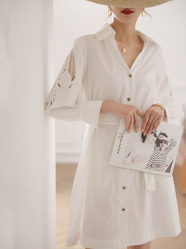 White Urban Tie Puff Sleeve V-Neck Shirt Dress