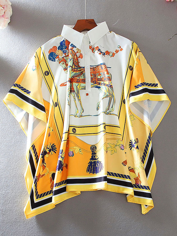 Loose Oversized Dolman Sleeve Ruffle Print Shirt Top