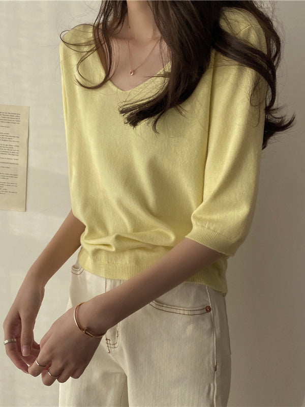 Fashion Loose Solid Color V-neck Half Sleeve Sweater Top
