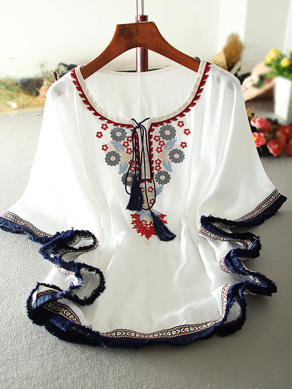 Loose Cape Dolman Sleeve Vintage Embroidered Floral Shirt Top