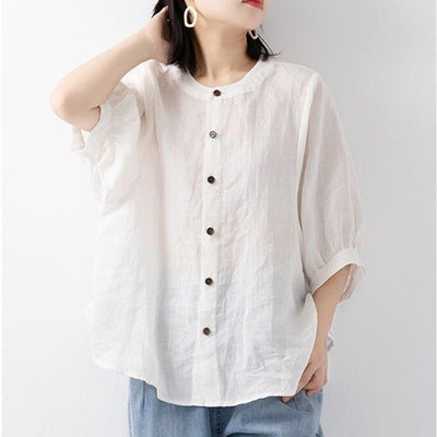 Retro Cotton Linen Lantern Sleeve Top Shirt