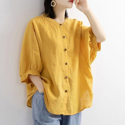 Retro Cotton Linen Lantern Sleeve Top Shirt