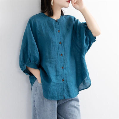 Retro Cotton Linen Lantern Sleeve Top Shirt