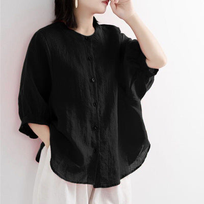 Retro Cotton Linen Lantern Sleeve Top Shirt